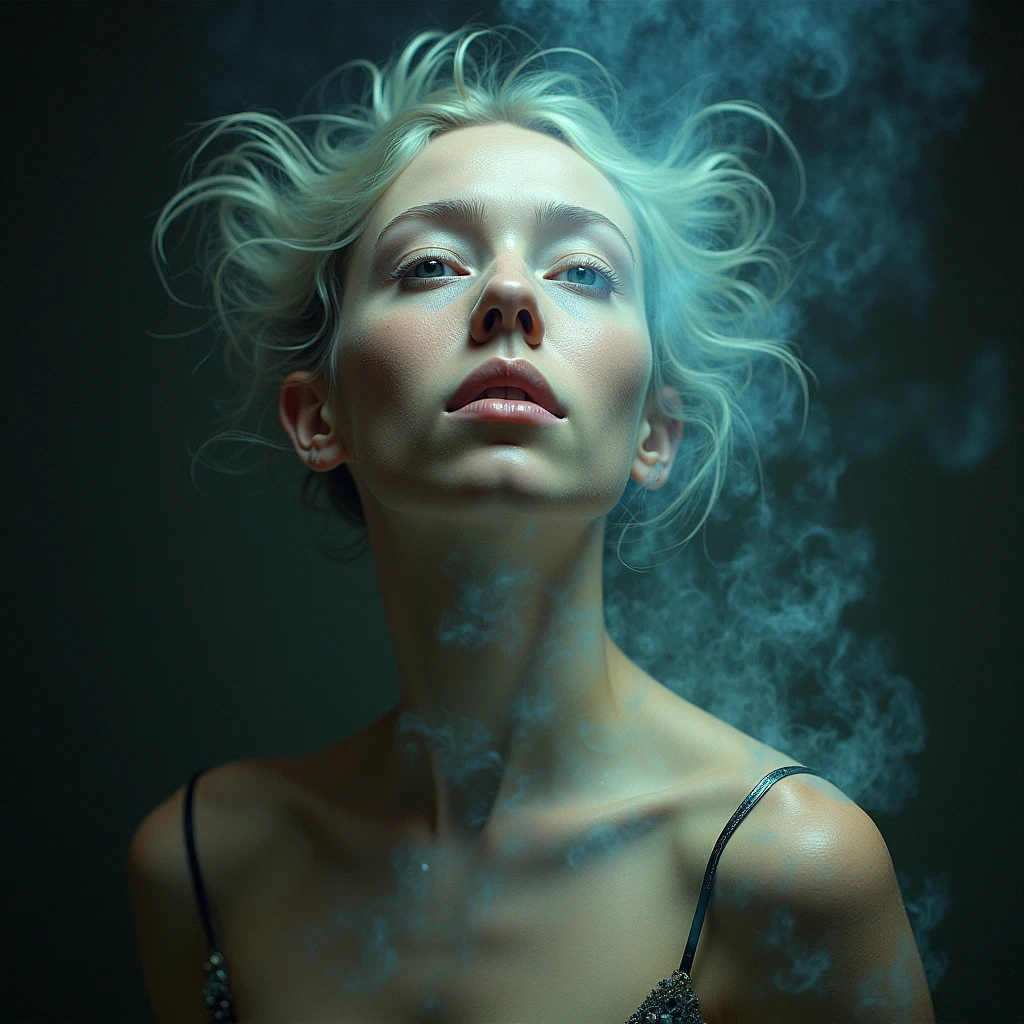 "memories are the water of life" (Misterious mood Soft Lighting Photography), stunning medium format analog photo, TWbabeXL01 beautiful (woman), A beautiful ((evil slavic woman)), pale skin, long dark blond hair, portrait of a woman covered in cloud of smoke, whirlwind, coral highlight colors, coral make-up, hints of pastel, misty, seductive, sultry, breathtaking, oil painting style, artistic, aesthetic modern art, hyper-realism, OverallDetailXL