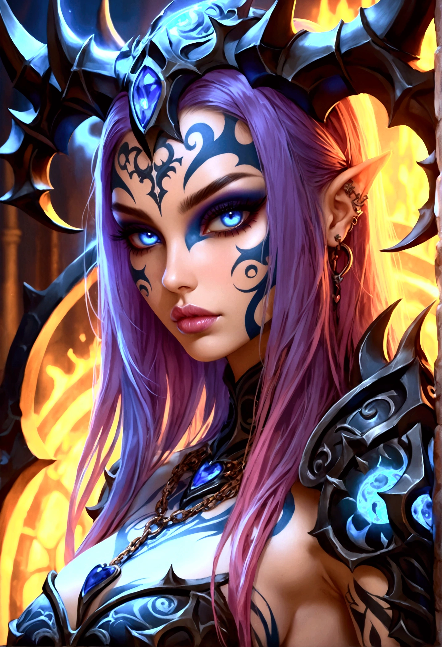 Create an image of the most stunningly gorgeous beautiful perfect sexy tattooed female deathknight, high detailed sexy stunning feminine face, perfect makeup, sexy seductive lips, lipstick, beautiful perfect hour glass body figure, detailed silky smooth arms, detailed silky smooth legs, long flowing hair, gigantic natural perky breasts, detailed silky smooth skin, fully nude, hyper detailed perky nipples,