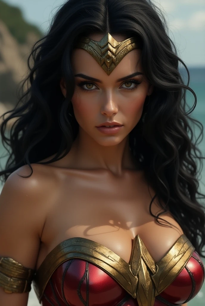 Amazing photo portrait of comic character Wonder Woman beautiful face and aura, smiling, stunning hero dress, looking at you, perfect centered, amazing view to a great landscape of Temples and Cliffs in a lush valley as background, artgerm style, night mood, 8K, Canon 90D, atmospheric. Photorealistic, photorealism, perfect realistic art, smooth, aftereffects, sharp focus, hi - res, ultra intricate detail, ultra realistic detail, HDR gloomy, detailed face, magic fantasy, wow effect, , Broken Glass effect, no background, stunning, something that even doesn't exist, mythical being, energy, molecular, textures, iridescent and luminescent scales, breathtaking beauty, pure perfection, divine presence, unforgettable, impressive, breathtaking beauty, Volumetric light, auras, rays, vivid colors reflects