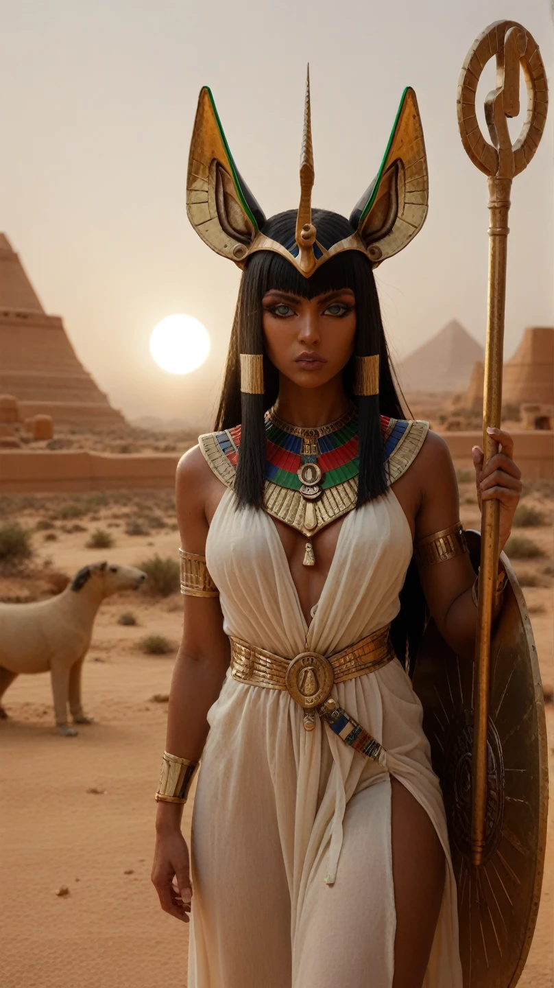 A fierce and commanding depiction of Sekhmet, the Egyptian lioness goddess of war and healing, standing in the desert as the sun sets behind her. Her skin is a golden bronze, and her head is crowned with the sun disk, framed by a lioness's face, symbolizing her strength. She wears a red and gold gown adorned with ancient Egyptian symbols, and her eyes burn with the intensity of a protector and warrior. In one hand, she holds a scepter topped with the ankh, and in the other, a shield emblazoned with the eye of Ra. The background shows the vast desert with pyramids in the distance, bathed in the golden light of the setting sun.