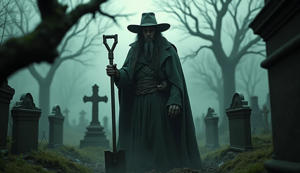 realistic and detailed image of a mysterious man, 45 years old, long beard on his face, thin, dressed in a rustic robe with a hood on his head, holding a shovel, in a cemetery at night, looking down at a grave