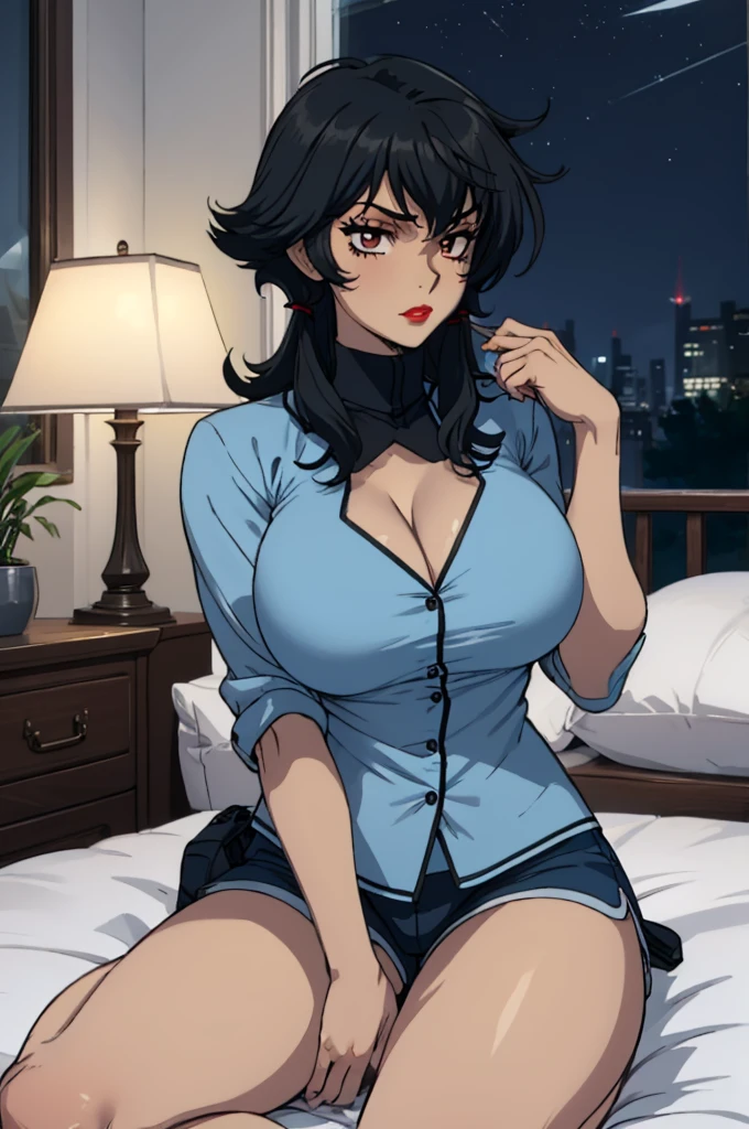 closed mouth, (20 years old), ((1girl)), ((((solo))), (((alone))), (((genderbend))), (((female))), wide hips, thick thighs, huge breast, narrow waist, ((light blue pajama)), (light blue top), (light blue shorts), big cleavage, cocktail, luxurious bed room, ((anime artstyle)), long eyelashes, ((long black hair)), (((at night))), (red lipstick), (black eyeshadow), (in the dark)