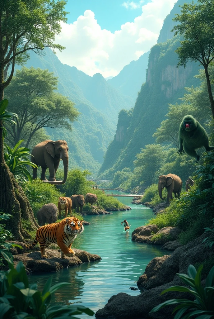 Monkeys spying on the Elephants, Elephants are standing in the river of forest, garden of Eden at an enchanting waterfall, crystal clear blue water, animals as big as an elephant and lions animals as small as a beaver, rabbit, squirrel and deer, peacocks, parrots, we love them all! extremely detailed, High definition, 32K UHD, High resolution, Style Raw,