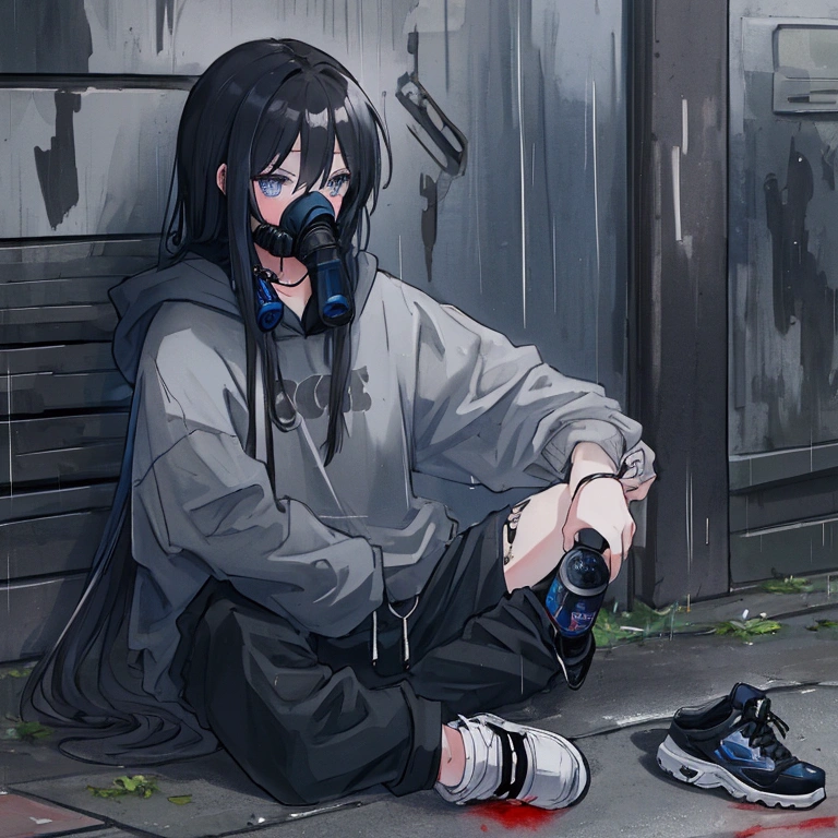 best quality,   masterpiece,  HD , Night, rain,  Out ,   small alleys ,   sells vending machine background ,  A boy, sad,  very very long hair in black,   blue-gray eyes ,  gasmask, necklace,  hoodie black ,   cargo jeans black ,  Sports shoes ,   sit on ground ,   drink energy drink ,   knife on floor bloody ,   pistol on ground ,  s parts floor , 