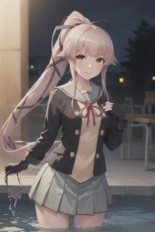 (masterpiece,  best quality :1.2), Alone,  1 girl, , smile,  viewers almost at night, Water Play,  ponytail,  Hair Ribbon,   school uniform,  jacket, Seraph, Neck ribbon,  black gloves,  Partial Fingerless Gloves, Grey Skirt 