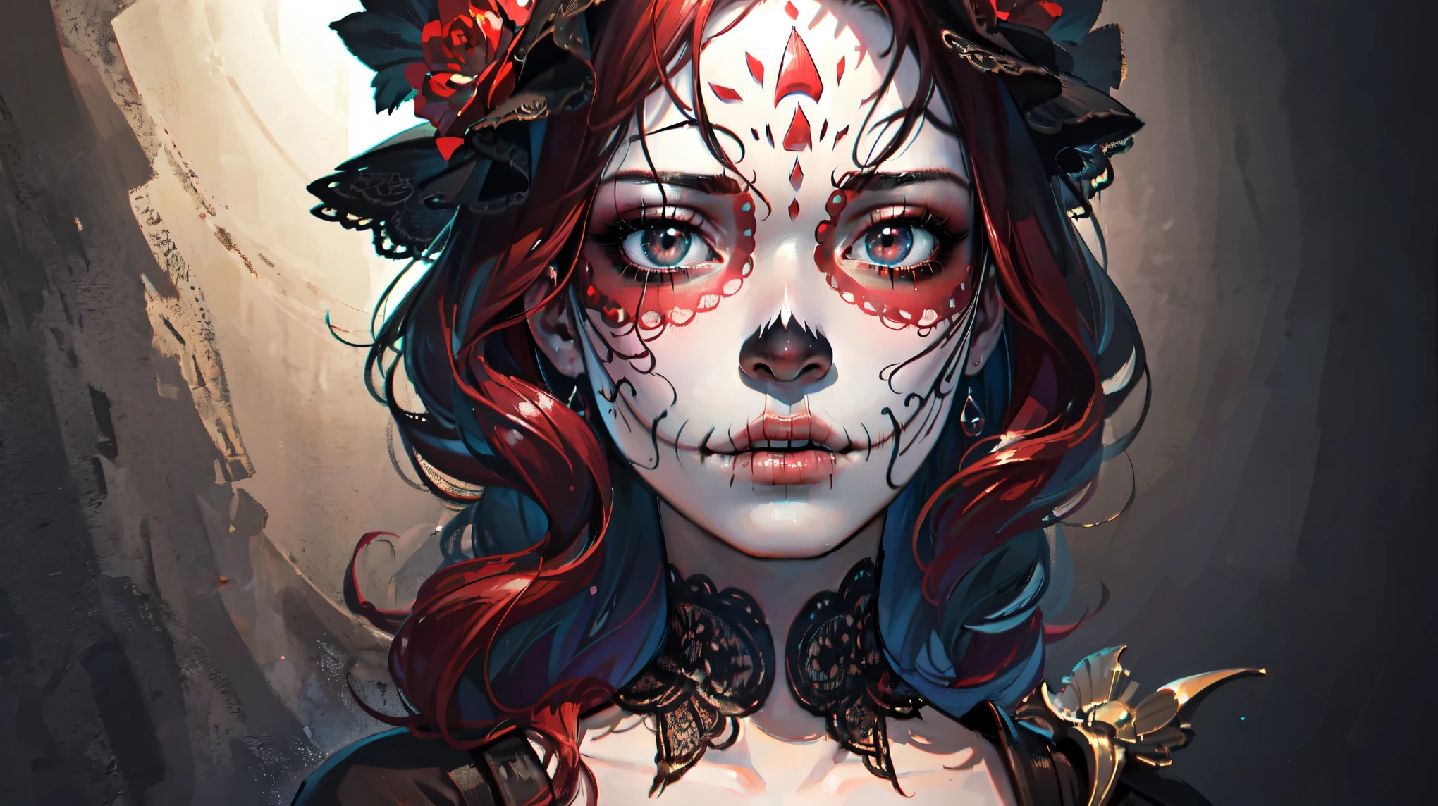 A beautiful Catrina with intricate face paint, long red hair, wearing an elegant black dress, set against a color ful, CatrinaMakeUp, vibrant background, (best quality,4k,8k,highres,masterpiece:1.2),ultra-detailed,(realistic,photorealistic,photo-realistic:1.37),detailed facial features,extremely detailed eyes and face,longeyelashes,beautiful detailed lips,detailed lace dress,renaissance,chiaroscuro lighting,dramatic shadows,saturated colors,dramatic composition,cinematic,elegant,moody fullbody 