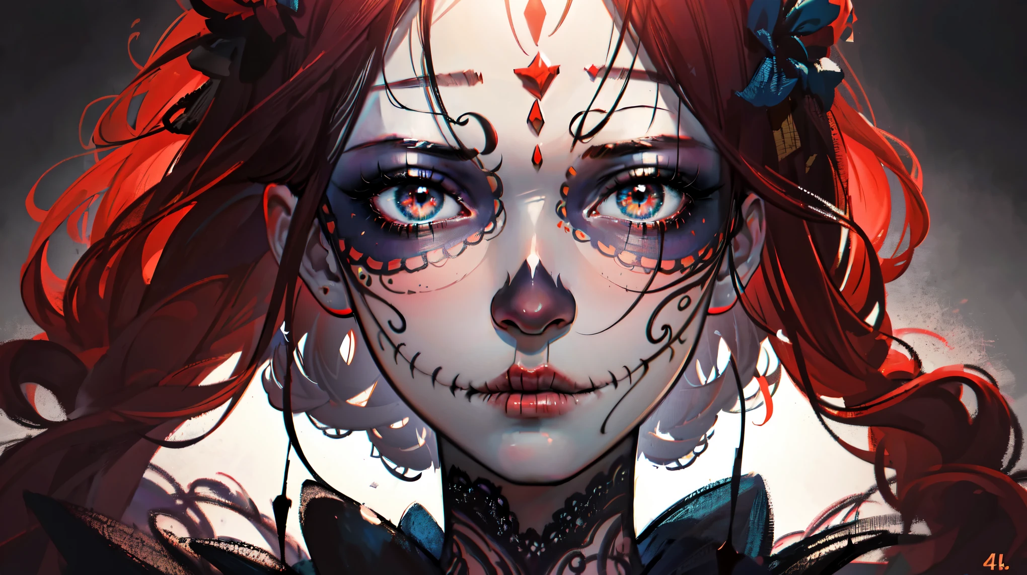 A beautiful Catrina with intricate face paint, long red hair, wearing an elegant black dress, set against a color ful, CatrinaMakeUp, vibrant background, (best quality,4k,8k,highres,masterpiece:1.2),ultra-detailed,(realistic,photorealistic,photo-realistic:1.37),detailed facial features,extremely detailed eyes and face,longeyelashes,beautiful detailed lips,detailed lace dress,renaissance,chiaroscuro lighting,dramatic shadows,saturated colors,dramatic composition,cinematic,elegant,moody fullbody 