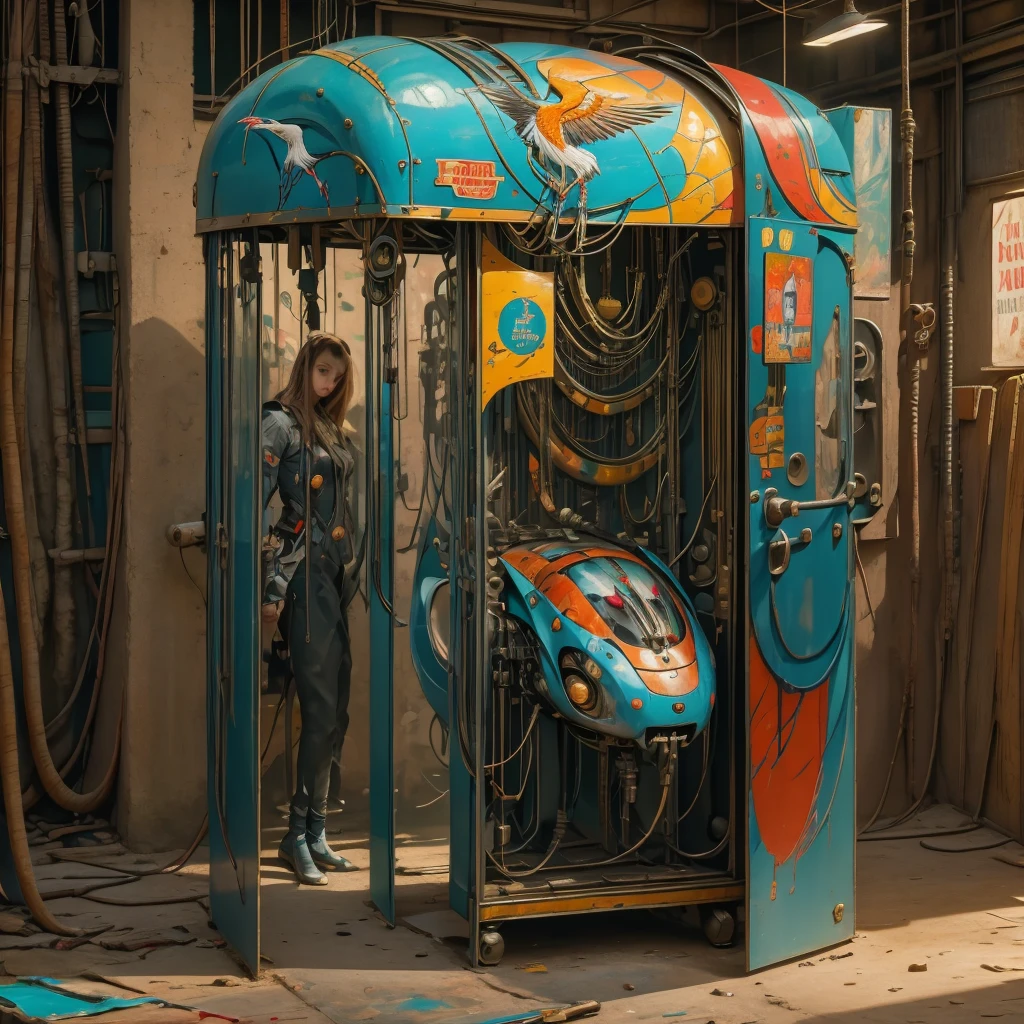 Surrealism painting, painting of a crane machine, early 20th-century art style, split-complementary color scheme, vibrant colors