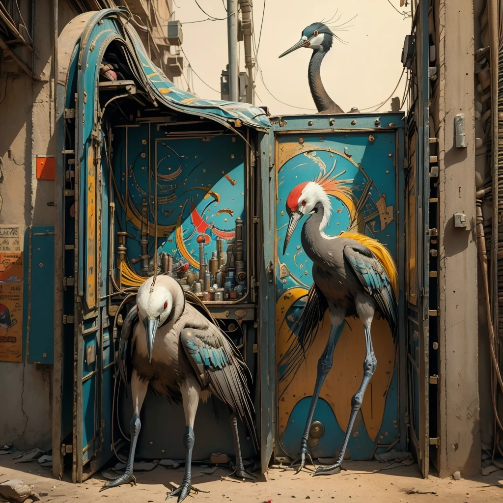 Surrealism painting, painting of a crane machine, early 20th-century art style, split-complementary color scheme, vibrant colors