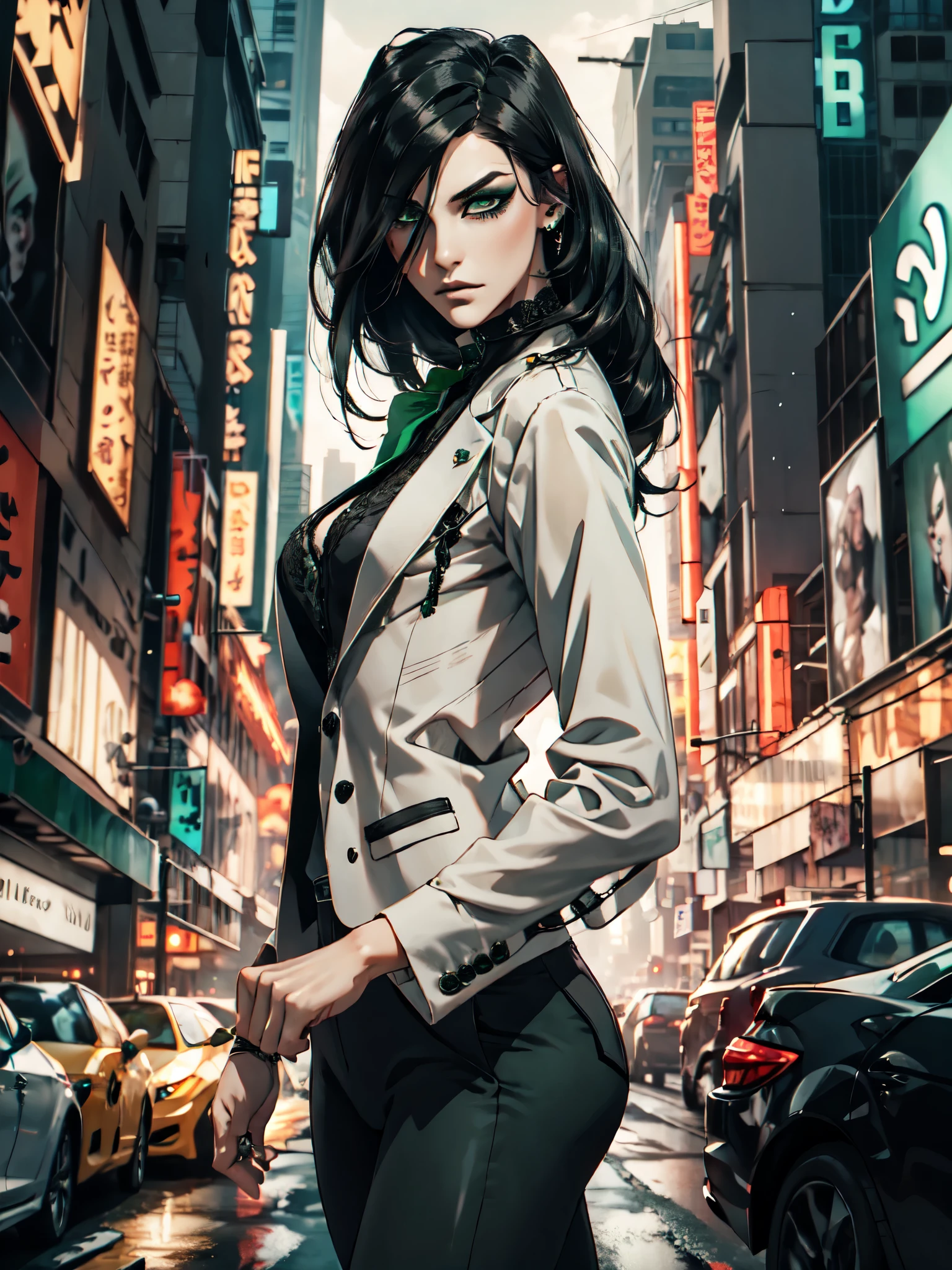 1girl, solo, ((hair over eye)), (tight black lace blazer), black tie, ((long hair)), ((straight hair)), (((black hair))), side swept bangs, white skin, pale, white, (green eye), tired expression, choker, ((dark makeup, mascara, eyeshadow)), mole under eye, multiple piercings, best quality, 8k, cyberpunk city, neon streets, white shirt, erotic, slytherin