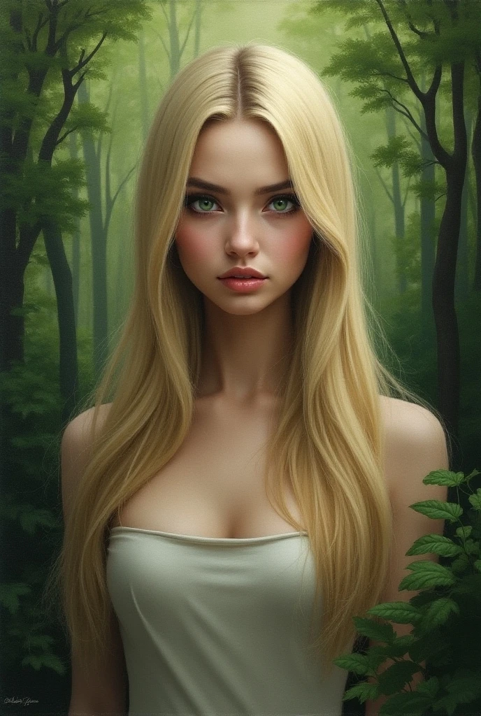 A half-naked and sexy blonde woman blends in with nature in the lush forest landscape. Her golden hair falls freely over her shoulders, while her radiant skin glows in the sunlight filtered through the treetops. His provocative gaze invites adventure amidst the wild and enchanting scenery.   --Lora --auto --s2