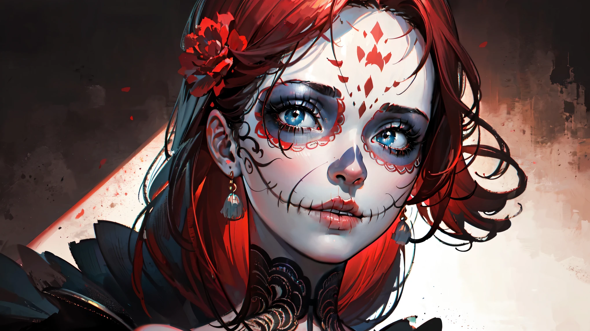 A beautiful Catrina with intricate face paint, long red hair, wearing an elegant black dress, set against a color ful, CatrinaMakeUp, vibrant background, (best quality,4k,8k,highres,masterpiece:1.2),ultra-detailed,(realistic,photorealistic,photo-realistic:1.37),detailed facial features,extremely detailed eyes and face,longeyelashes,beautiful detailed lips,detailed lace dress,renaissance,chiaroscuro lighting,dramatic shadows,saturated colors,dramatic composition,cinematic,elegant,moody fullbody 