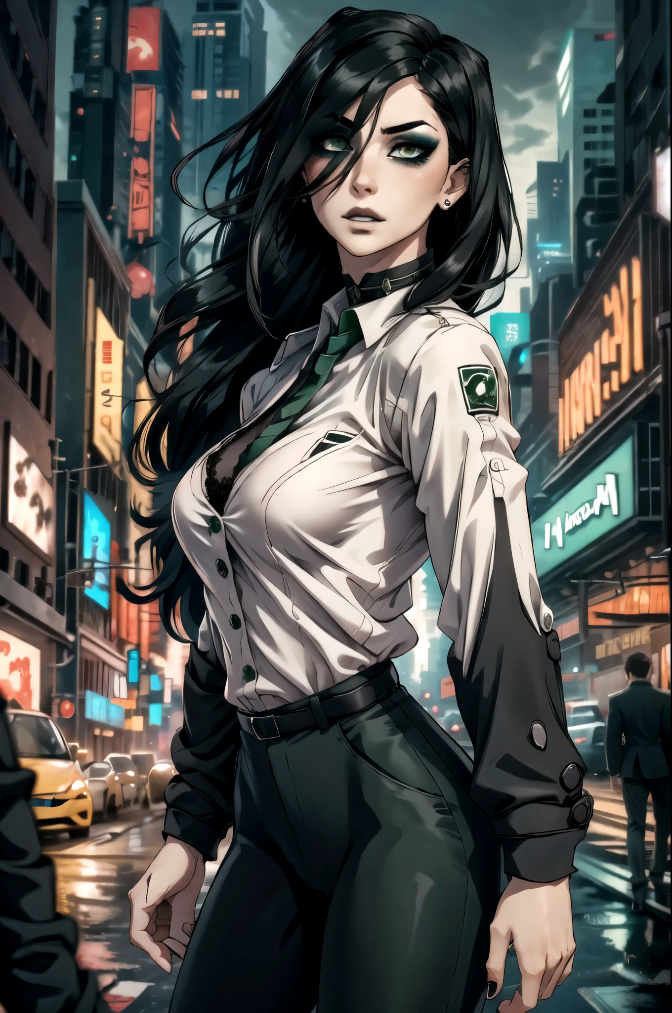 1girl, solo, ((hair over eye)), (tight black lace blazer), black tie, ((long hair)), ((straight hair)), (((black hair))), side swept bangs, white skin, pale, white, (green eye), tired expression, choker, ((dark makeup, mascara, eyeshadow)), mole under eye, multiple piercings, best quality, 8k, cyberpunk city, neon streets, white shirt, erotic, slytherin