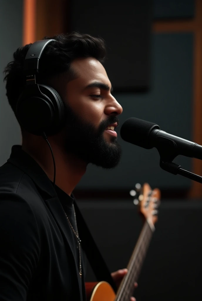 A sexy indian man, nsfw, homoerotic, sitting on a chair, black hair, headphones, , Surrealism, 8k, super detail,handsome face,penis,cinematic lighting,ultraHD, masterpiece, 16k resolution,cleavage ,shirt, saddened expression , crying
