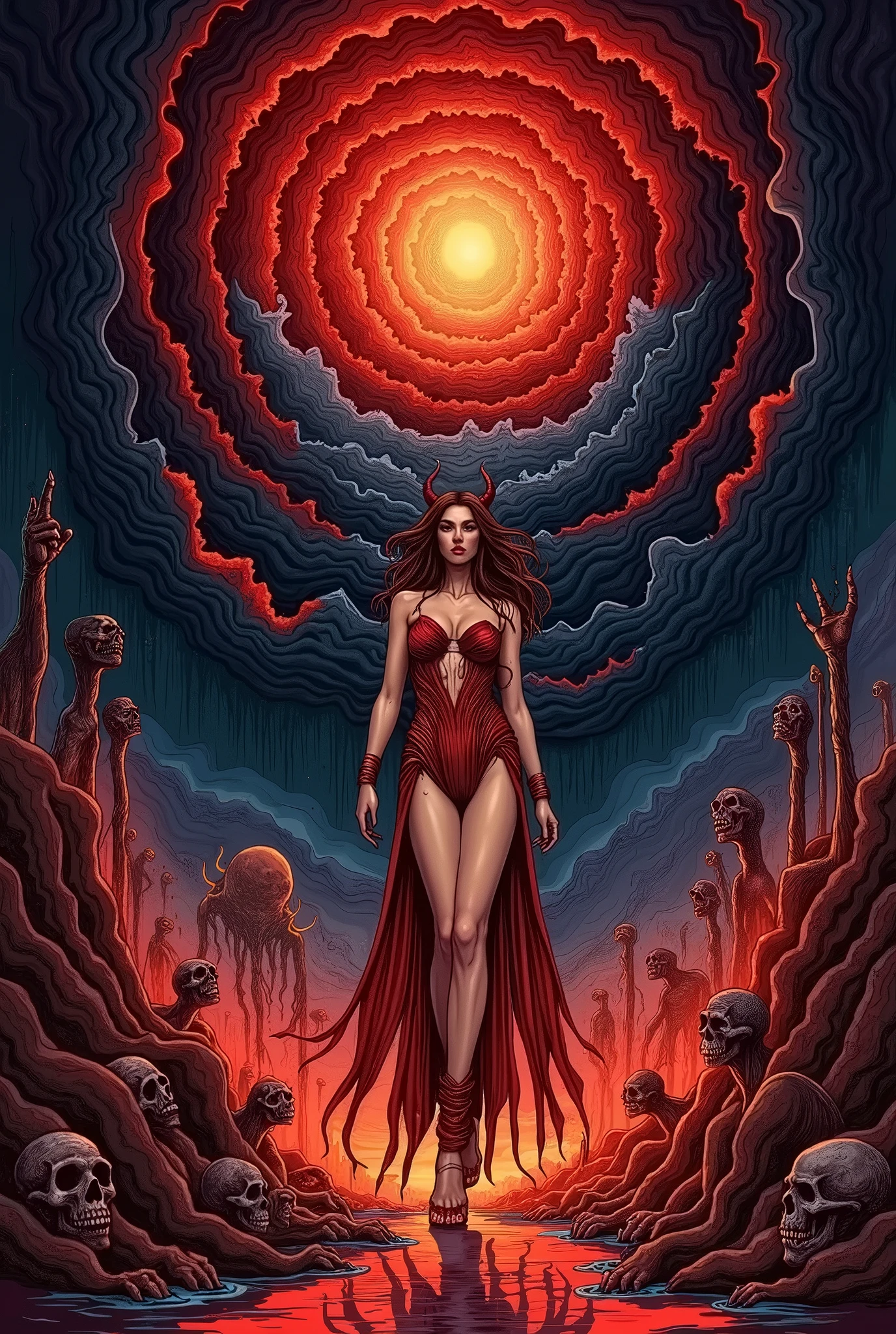 a picture of a vampire queen sitting on her dark throne, a (vampire queen: 1.1) wearing dark red dress, royal dress, dynamic hair, bold intense eyes, extremely exquisite beautiful queen, perfect body, (anatomically corect: 1.3), ultra feminine, ultra detailed face, red lips, red glowing eyes, she sits on a dark frightful, a throne of fear, and might, throne carved from black marble , legendary symmetric design, with (many carvings in the marble: 1.3), skulls on the handles, decorated with rubies, and opal gems, dark fantasy hall room background, (masterpiece: 1.4) intense details, highly detailed, photorealistic, best quality, highres,16k, [ultra detailed], masterpiece, best quality, (extremely detailed), close up, ultra wide shot, photorealistic, RAW, fantasy art, dnd art, fantasy art, realistic art,((best quality)), ((masterpiece)), (detailed: 1.5), ladyshadow, RagingNebula