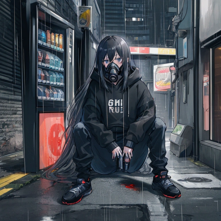 best quality,   masterpiece,  HD , Night, rain,  Out ,   small alleys ,   sells vending machine background ,  A boy, sad,  very very long hair in black,   blue-gray eyes ,  gasmask, necklace,  hoodie black ,   cargo jeans black ,  Sports shoes ,   sit on ground ,   drink energy drink ,   knife on floor bloody ,   pistol on ground ,  s parts floor , 