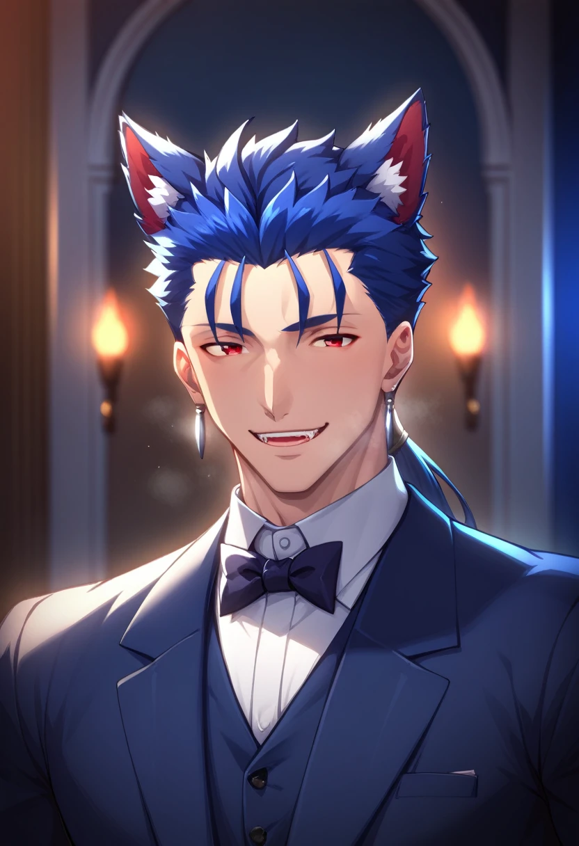 Cu Chulainn Blue Lancer a man dressed as a butler with blue wolf ears and tail with a good face, red eyes, a good body with little musculature and long blue hair with a ponytail at the nape of his neck and anime earrings with an orgasmic smile doing a wolf pose with a Halloween background.