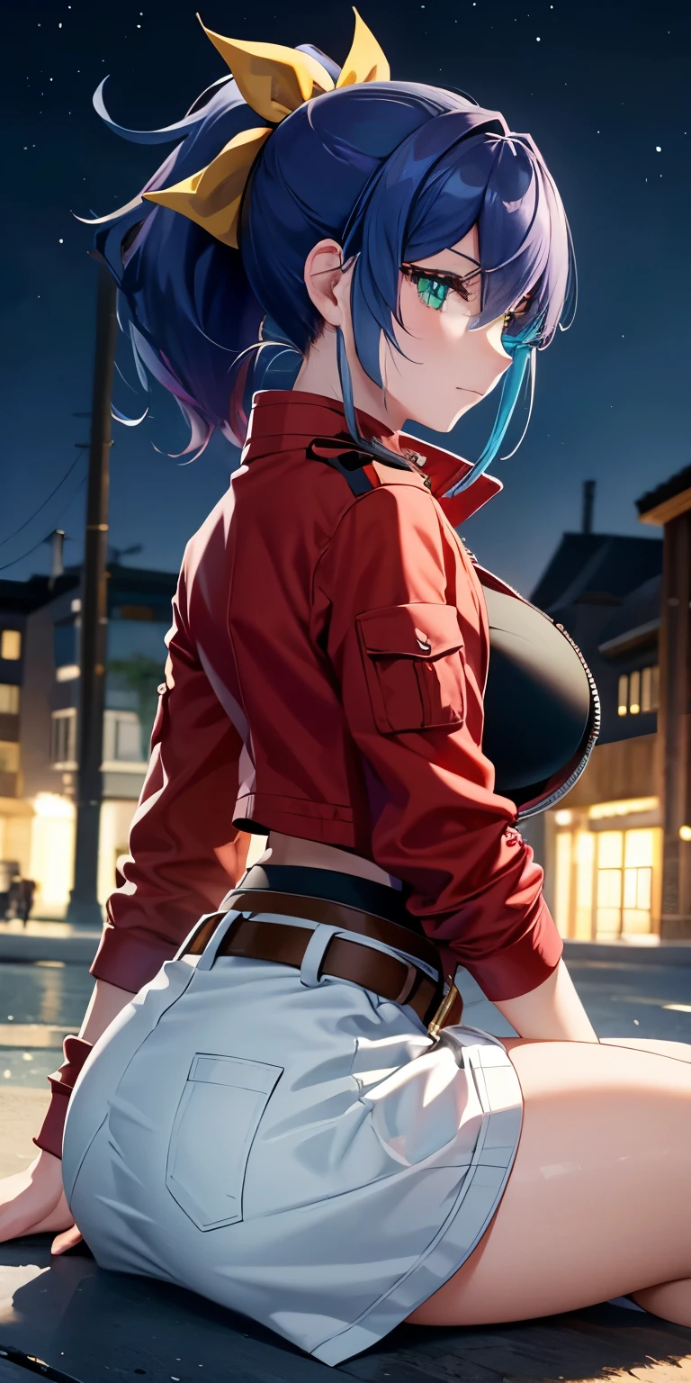 1 Female,High definition,high resolution,Ultra-realistic,8K, aaserena, yellow ponytail, ((multicolored hair)), red jacket, black shirt, belt, ((white skirt)), tight skirt,miniskirt ,jewelry,European,sexy,Upper body close-up,Photographed from the front,Dynamic Angles,blush, medium tits, happy, wink the eye,facial, sweat,multicolored hair ,(wide thighs:1.4),(white panties),(show panties),(from behind),(huge ass),(show ass),(blush), detailed face,((nipples))