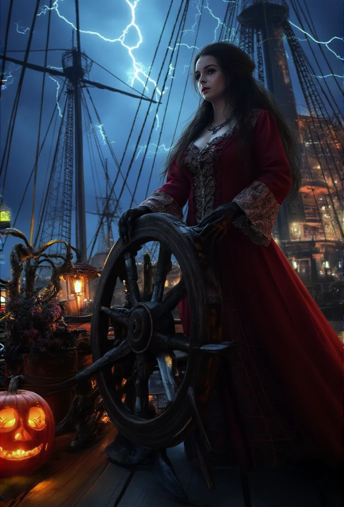 Talia Morgulis, the midnight pirate queen, stands resolute on the weathered deck of her gosh ship, silhouetted against a tumultuous night sky ablaze with lightning and illuminated by lanterns and a jack-o'-lantern's otherworldly glow. Her 18th-century Burgundy pirate attire and haunting makeup seem to draw in the darkness as she grips the wheel firmly with one hand and holds her sword hilt with the other, while her smooth brown ponytail flows like a river behind her, framing her powerful stance amidst the approaching thunderstorm