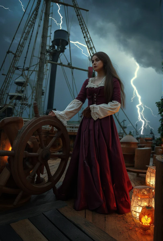 Talia Morgulis, the midnight pirate queen, stands resolute on the weathered deck of her gosh ship, silhouetted against a tumultuous night sky ablaze with lightning and illuminated by lanterns and a jack-o'-lantern's otherworldly glow. Her 18th-century Burgundy pirate attire and haunting makeup seem to draw in the darkness as she grips the wheel firmly with one hand and holds her sword hilt with the other, while her smooth brown ponytail flows like a river behind her, framing her powerful stance amidst the approaching thunderstorm