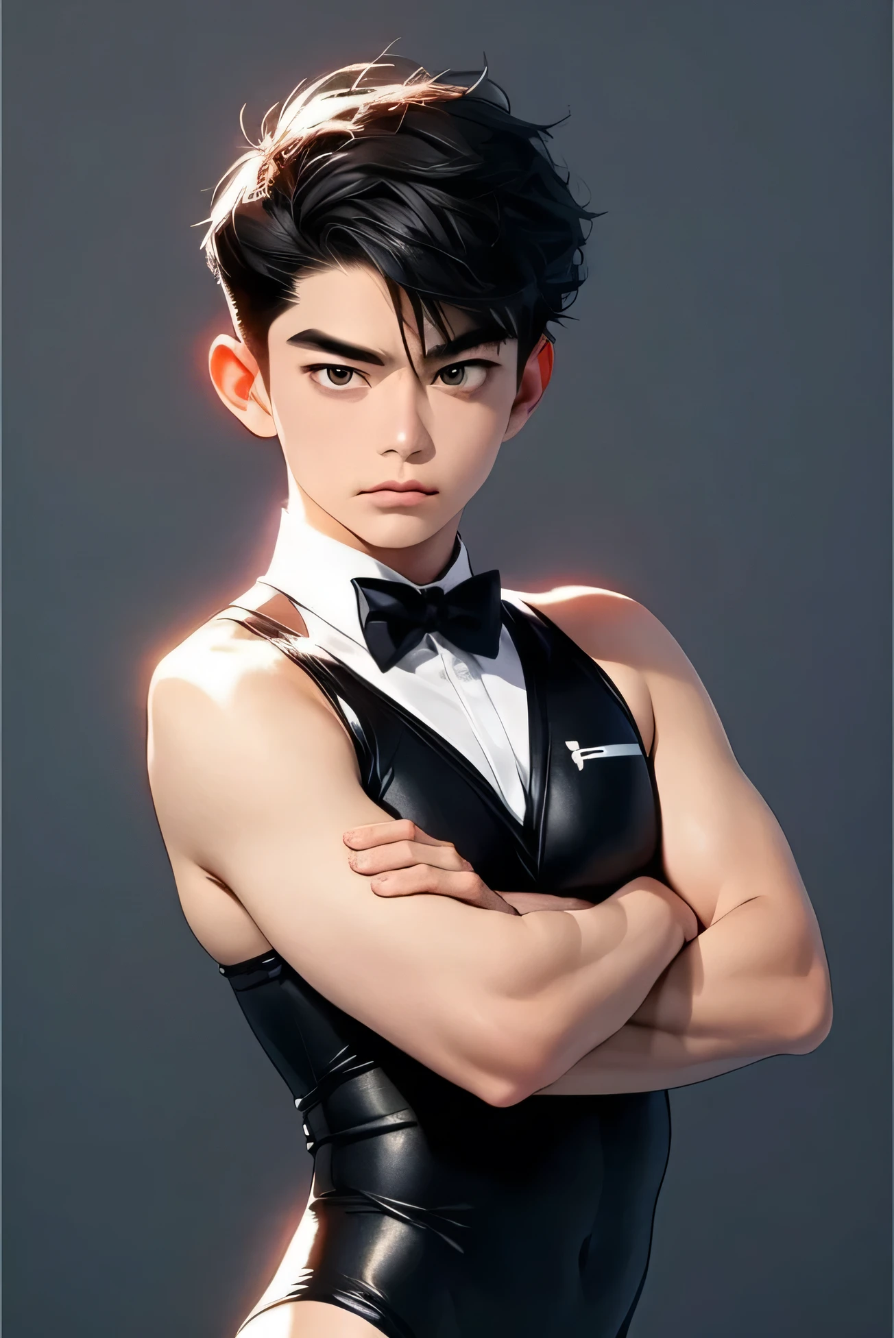  Japanese　　 Handsome Man 　Short cut　Shaved head　Black Hair　male　　Black leotard　 wrestling uniform 　tuxedo　Bulge　Bow tie　cuffs　Background Yuyu 