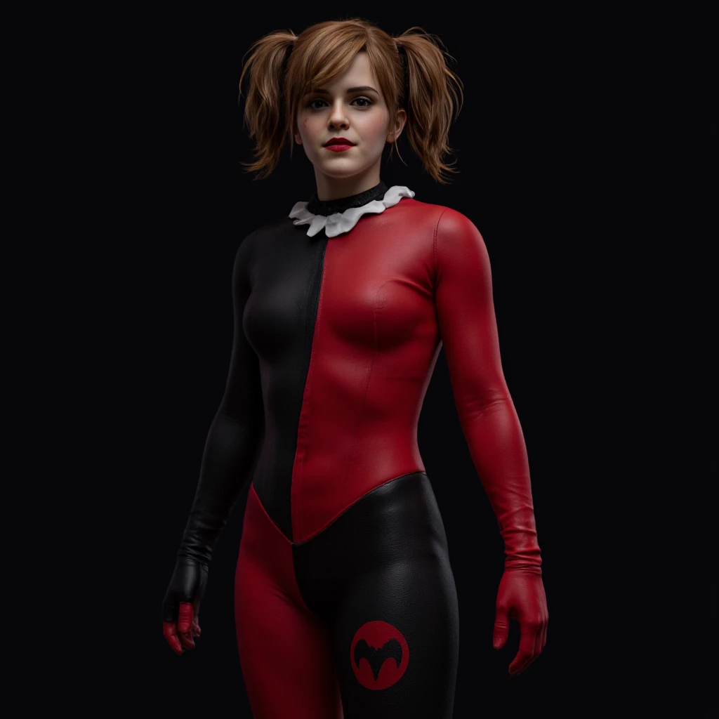 a full body photo of a woman in a red and black costume, harley quinn, emma watson is harley quinn, emma watson as harley quinn, harley queen, [ trending on cgsociety ]!!, trending in cgsociety, stunning character art, cgsociety uhd 4k highly detailed, cosplay on black harley queen, harley quinn standing, trending on artstation:3
