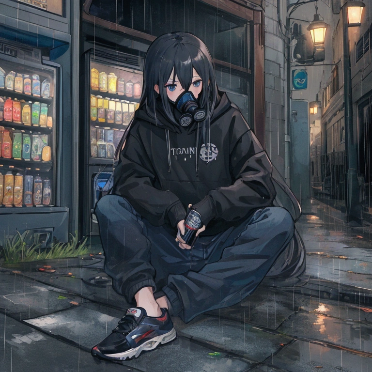 best quality,   masterpiece,  HD , Night, rain,  Out ,   small alleys ,   sells vending machine background ,  A boy, sad,  very very long hair in black,   blue-gray eyes ,  gasmask, necklace,  hoodie black ,   cargo jeans black ,  Sports shoes ,   sit on ground ,   drink energy drink ,   knife on floor bloody ,   pistol on ground ,  s parts floor , 