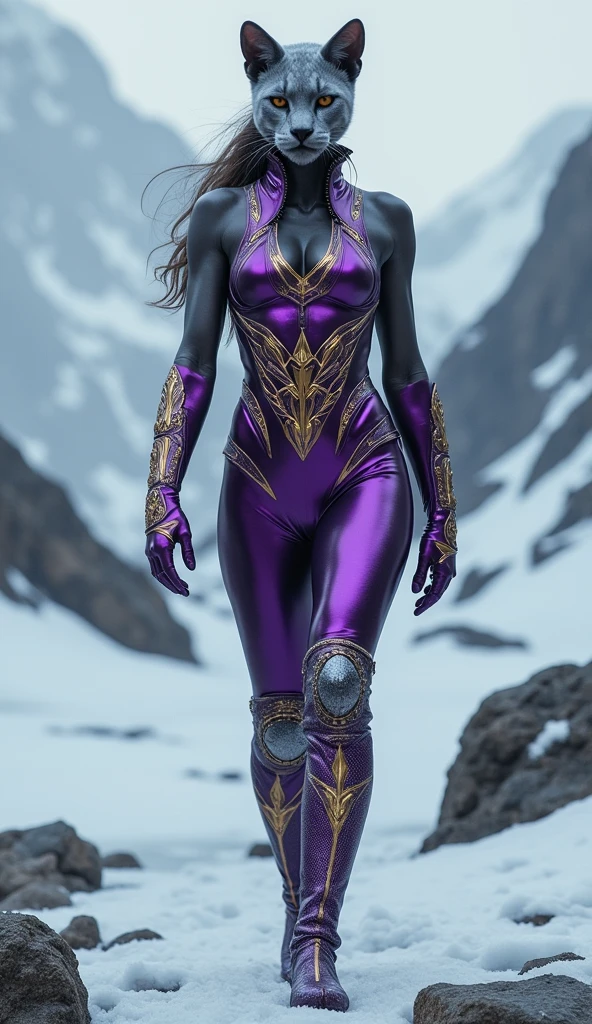 A beautiful woman Adriana Lima under the mantle of the Amazon warrior Wonder Woman purple costume she is a tall Caucasian woman who has a muscular body, Straight, brown hair to the lower back that's kept in a braid, Wide and ripped shoulders, Toned stomach and long, muscular legs, she wears a purple leather jumpsuit that is very tight to her body and highlights her curves through her superheroine costume.. She also wears a gladiator-style helmet that covers her face, excluding her eyes and mouth with a curved leaf on top silver choker on her neck suit in the style of Wonder Woman 84 Movie