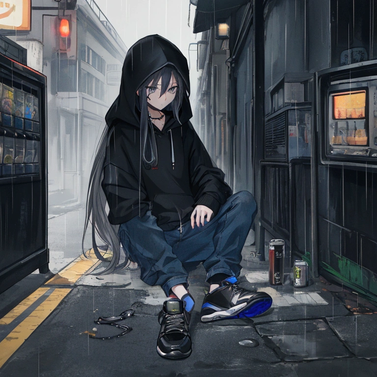 best quality,   masterpiece,  HD , Night, rain,  Out ,   small alleys ,   sells vending machine background ,  A boy, sad,  very very long hair in black,   blue-gray eyes ,  gasmask, necklace,  hoodie black ,   cargo jeans black ,  Sports shoes ,   sit on ground ,   drink energy drink ,   knife on floor bloody ,   pistol on ground ,  s parts floor , 