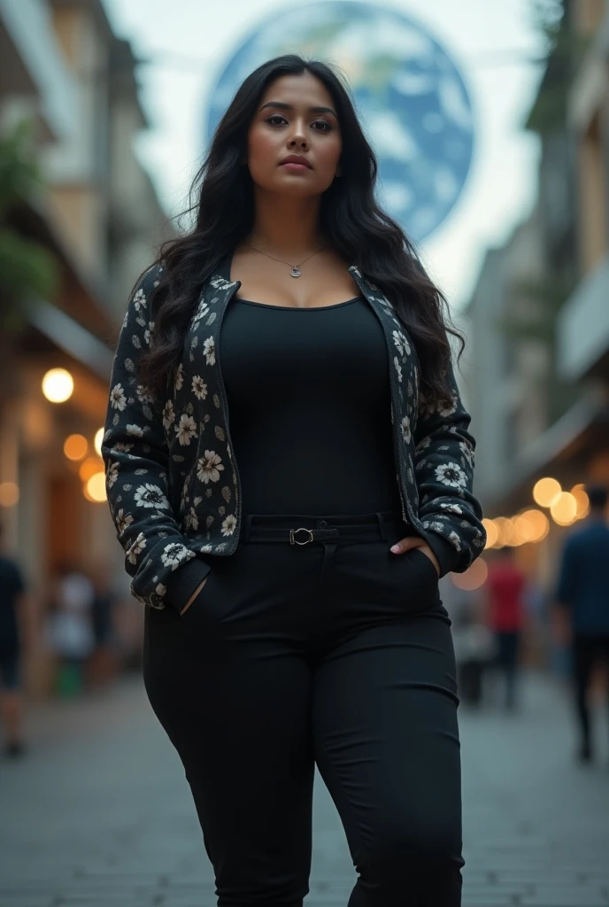 woman, 40 years old, wavy black hair, medium bust, wide hips, chubby, blue blouse, tight black pants, modern city in the background, looking at the camera, looking at the viewer