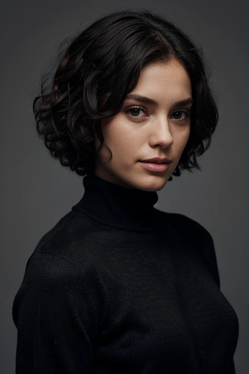 Photo-BW, Human-Likeness, photomodel, bob hair, curly hair, black turtleneck sweater, grey  background
Portrait-Medium Shot