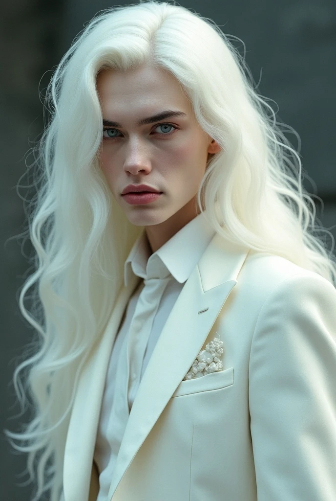 masterpiece, highest quality, (solo focus), (perfect face:1.1), (high detail:1.1), (hyper detailed eyes), dramatic, 1guy, (pale skin), long white hair, ethereal eyes, (light eyebrows), solo, long hair, JTiago Azevedo, moon, night, white luxury suit, pouty lips, fur, proud expression,beach, detailed background, art by artgerm, cinematic lighting, roses, fashion, BalenciagaStyle