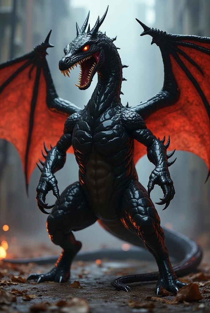 Make me a black dragon and red eyes, he must be flying, its two huge wings in the sky and with its jaw open, he has to be extremely scary and horrendous: Dragons are covered in scales, as well as spines that run down its back from head to tail. Particularly large ridges of antlers frame the edges of their faces., running along the back of the skull and along the jawline, that grow as they mature. Adult dragons have two sets of ruffles that run along the back of their necks and spine., two along the sides of their necks and another two centered closer to the backbone, for a total of four ruffles. These are formed by webs that grow between longer spines.