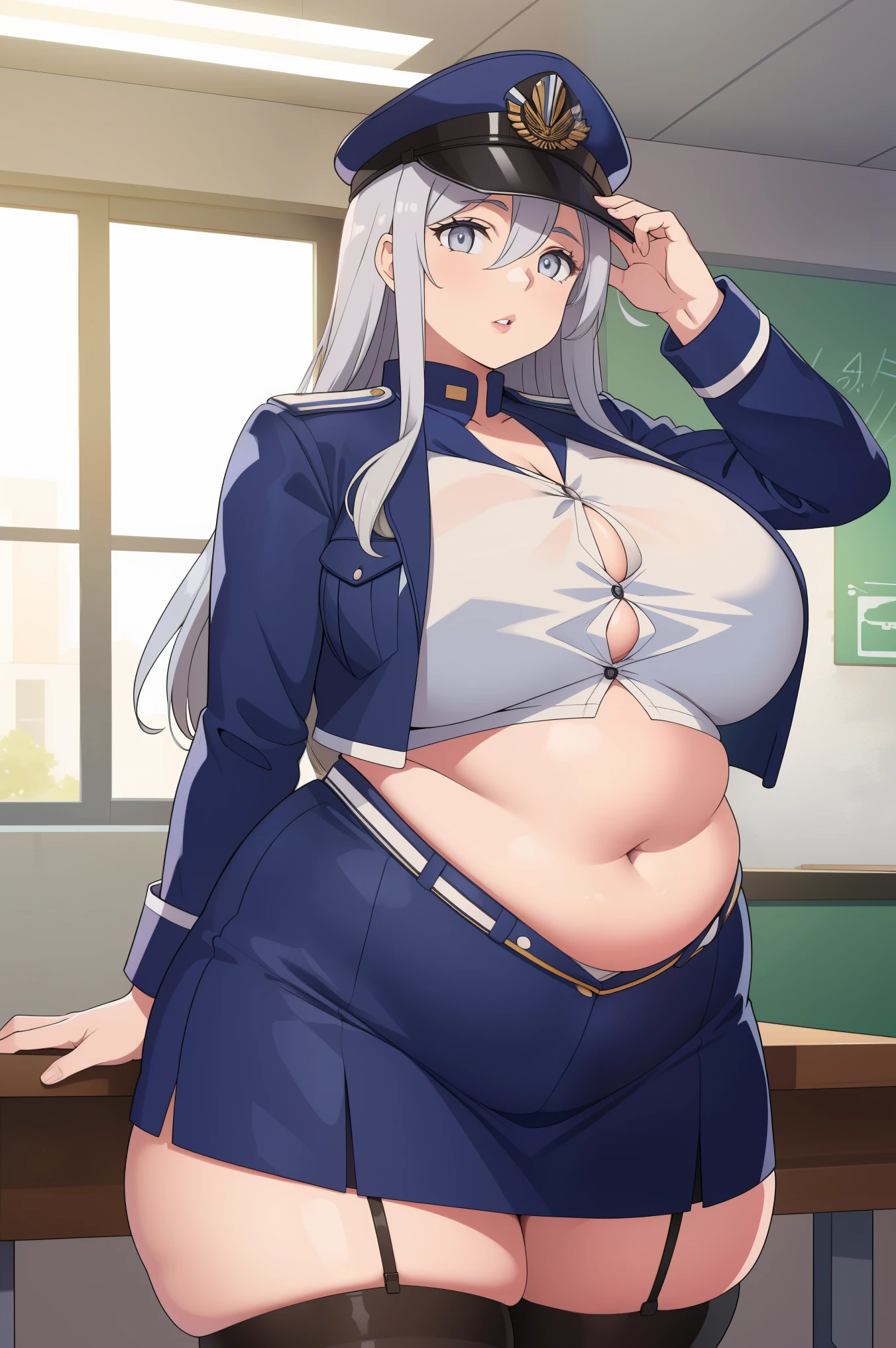 vladilenamilize, vladilena milize, (grey eyes:1.5), grey hair, hair between eyes, long hair, ahoge, BREAK blue headwear, blue jacket, blue skirt, hat, jacket, military, military hat, military uniform, peaked cap, shirt, skirt, thighhighs, uniform, white shirt, white thighhighs, BREAK looking at viewer, BREAK indoors, classroom, BREAK (masterpiece:1.2), best quality, high resolution, unity 8k wallpaper, (illustration:0.8), (beautiful detailed eyes:1.6), extremely detailed face, perfect lighting, extremely detailed CG, (perfect hands, perfect anatomy), chubby, chubby girl, curvy, large breasts, lips, plump, thick thighs, thighs, (((oversized gigantic stomach)), curvy, large breasts, lips, plump, thick thighs, thighs, (((oversized gigantic stomach)), curvy, large breasts, lips, plump, thick thighs, thighs, (((oversized gigantic stomach))