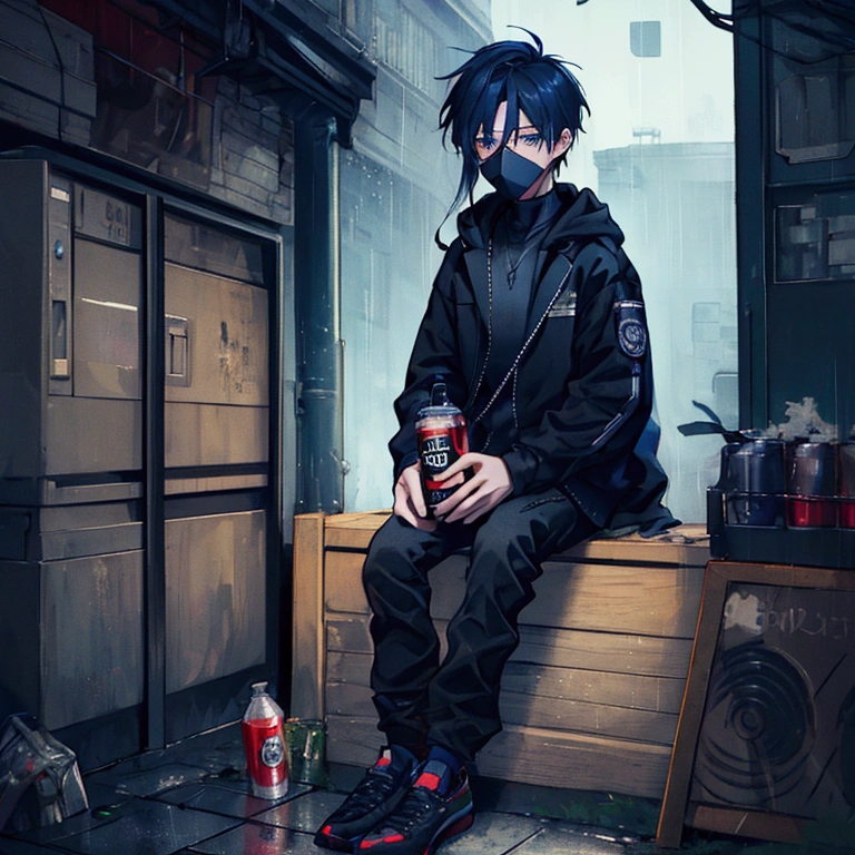 best quality,   masterpiece,  HD , Night, rain,  Out ,   small alleys ,   sells vending machine background ,  A boy, sad,  very very long hair in black,   blue-gray eyes ,  gasmask, necklace,  hoodie black ,   cargo jeans black ,  Sports shoes ,   sit on ground ,   drink energy drink ,   knife on floor bloody ,   pistol on ground ,  s parts floor , 