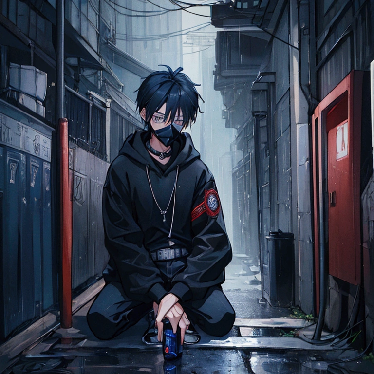 best quality,   masterpiece,  HD , Night, rain,  Out ,   small alleys ,   sells vending machine background ,  A boy, sad,  very very long hair in black,   blue-gray eyes ,  gasmask, necklace,  hoodie black ,   cargo jeans black ,  Sports shoes ,   sit on ground ,   drink energy drink ,   knife on floor bloody ,   pistol on ground ,  s parts floor , 