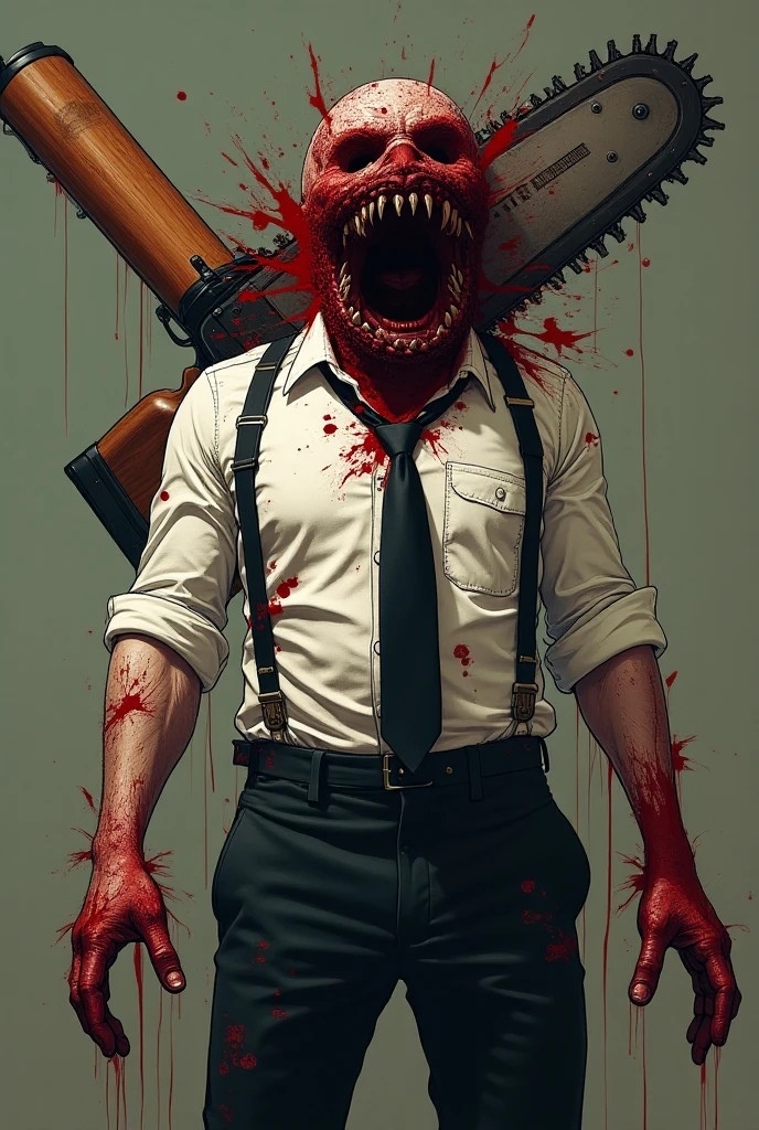 <lora:denji_v2:1>, djb, monster boy, sharp teeth, chainsaw, blood on clothes, collared shirt, black pants, tongue out