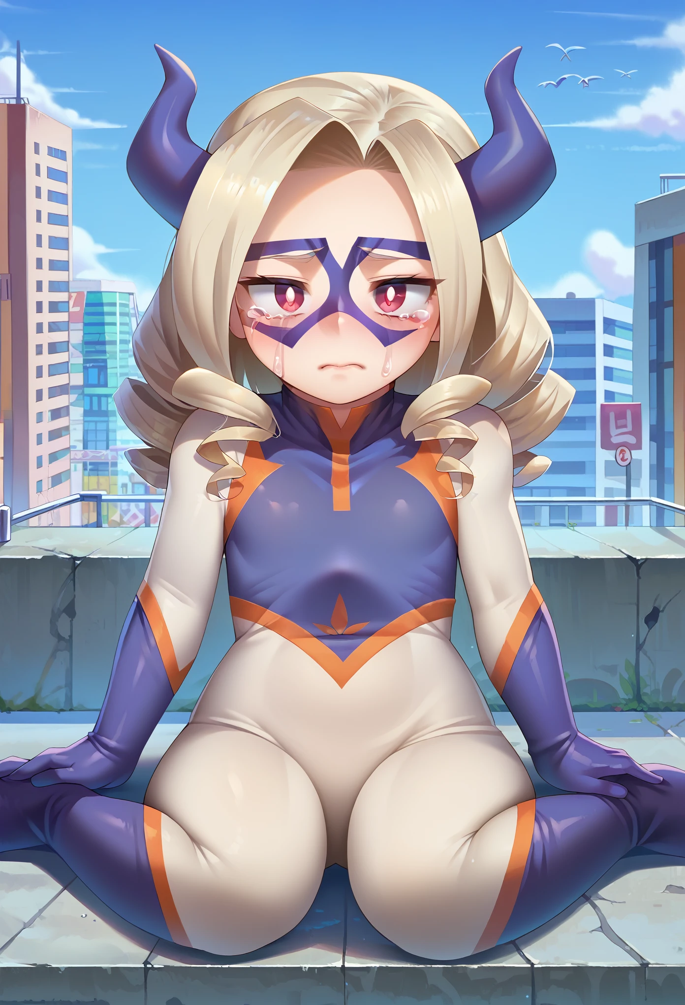 score_9, score_8_up, score_7_up, 1girl, solo, (****:1.5), petit body, flat chest, mt_lady, red eyes, blonde hair, short hair, drill hair, domino mask, bodysuit, skintight, gloves, sitting on ground, full body, blushing, sad, crying, scared, looking at you, city background, AgeRegression, Oversized Clothes,