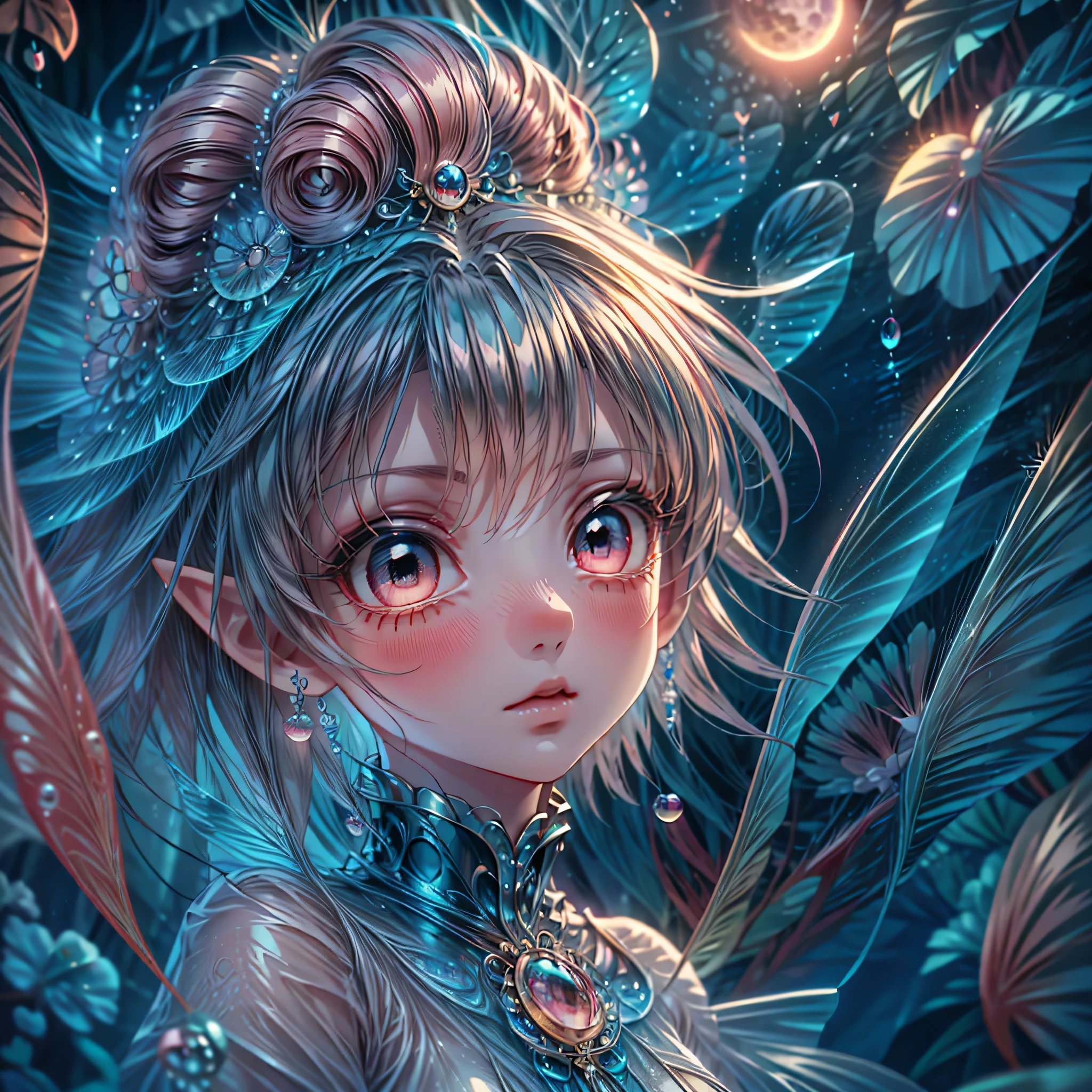 Full Moon background, ((Masterpiece)), ((Highres)), beautfully detailee pixie girl, detailed pointed elf ears, detailed pixie nose, large detailed eyes, detailed lips, black lips, black listick, high cheek bones, pale skin slightly pink, detailee pixie wings, magic paticles.