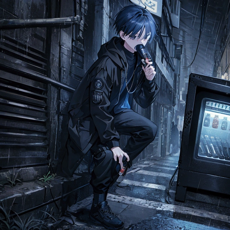 best quality,   masterpiece,  HD , Night, rain,  Out ,   small alleys ,   sells vending machine background ,  A boy, sad,  very very long hair in black,   blue-gray eyes ,  gasmask, necklace,  hoodie black ,   cargo jeans black ,  Sports shoes ,   sit on ground ,   drink energy drink ,   knife on floor bloody ,   pistol on ground ,  s parts floor , 