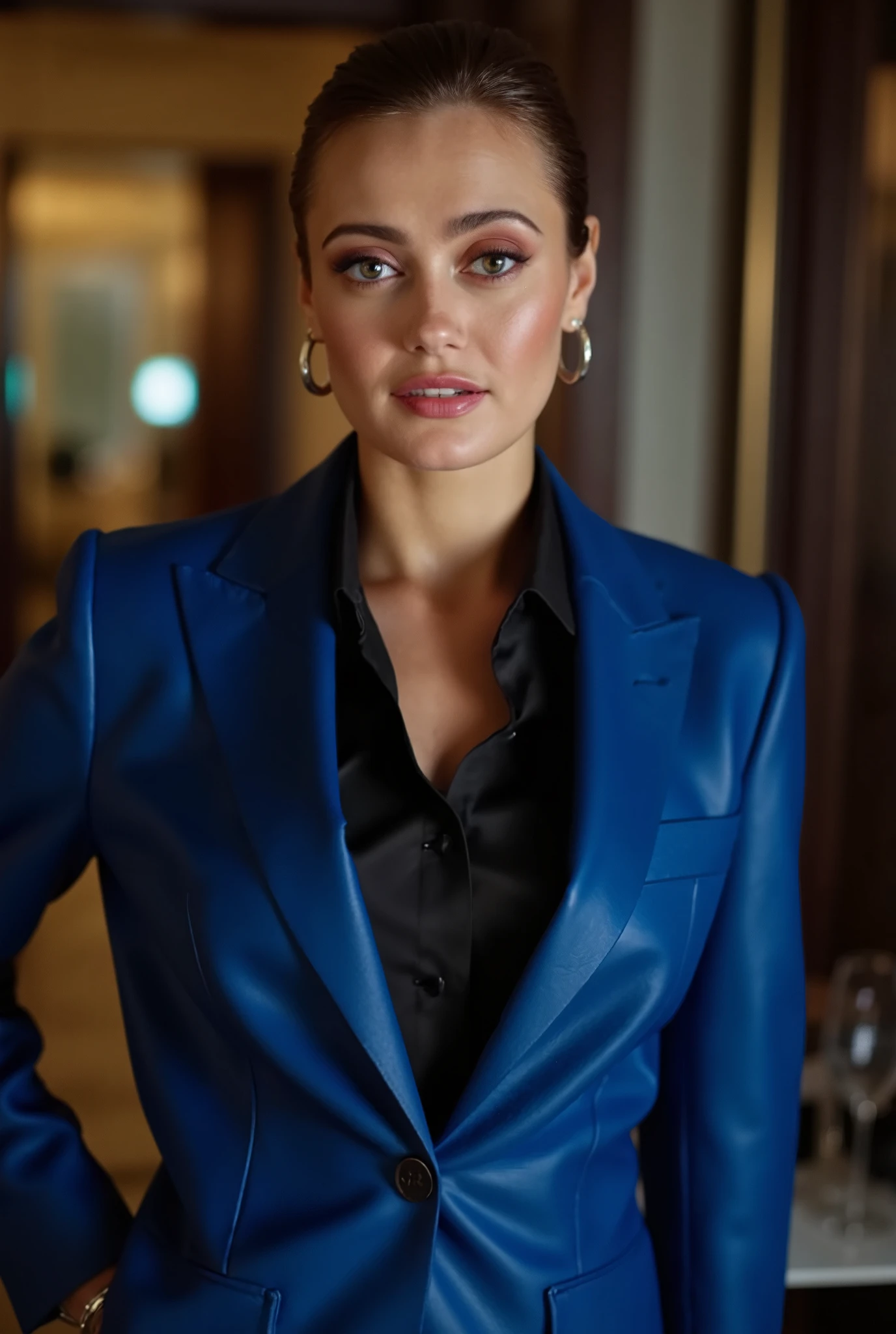 full body image of Ella Purnell, a beautiful female business executive wearing an  royal blue leather Armani business suit with a open black buttondown shirt, wet slicked back hair, perfect teeth, strong seductive makeup, bedroom eyes, cinematic lighting, a corporate photography, top executive office in the background, 