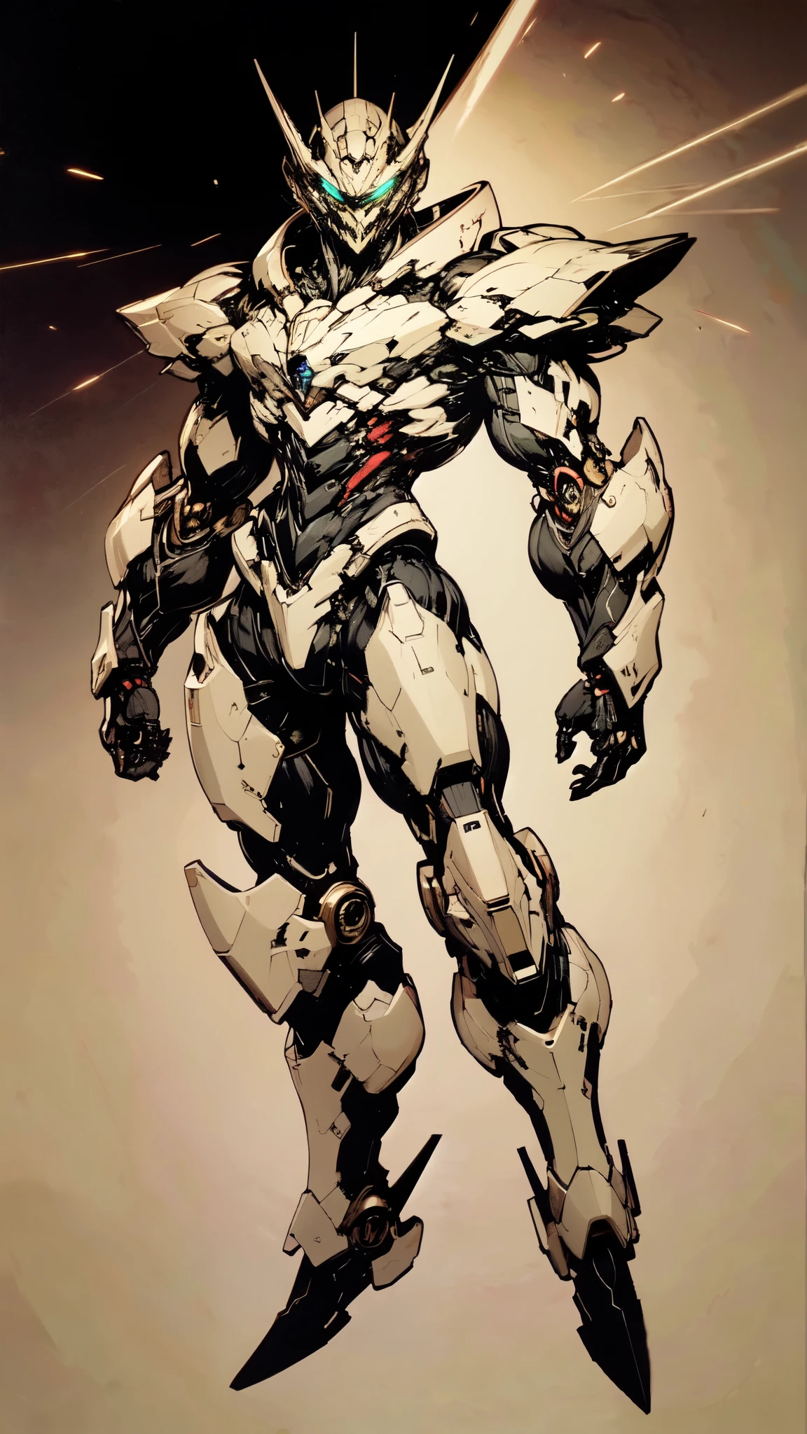 (masterpiece:1.5, best quality:1.5, extremely delicate:1.5, dynamic angle:1.5), ((male:1.5)), Biomimetic humanoid Mecha, green eyes, fully enclosed shoulder guards, matching arm and leg guards, gemstone, full body, full armor, the design balances heavy with agility, organic biotech armor, (the color scheme is primarily Golden and White with Red and Black accents, concept Inspired by Vampire, glowing eyes, the armor glows), standing, floating high above the futuristic sci-fi city, a finely crafted Super robot in anime style, exquisite and mature art style, metallic, dramatic, high definition, highres, ultra-detailed, ultra-fine painting, professional, anatomically correct, symmetrical face, extremely detailed eyes and face, high quality eyes, creativity, RAW photo, UHD, 32k, Natural light, cinematic lighting, (masterpiece-anatomy-perfect:1.2)