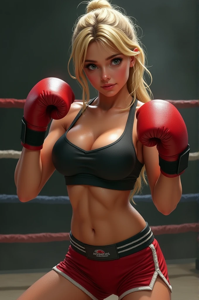 (highest quality, High resolution, masterpiece :1.3), 25-year-old Caucasian woman、platinum blonde、blue eyes、semi-long、my hair is wavy、Hair is tied up、smile、Slender but well-proportioned muscular body、wearing red nail polish、open lips、putting index finger on lips、Upper body close-up、I'm punching my chest