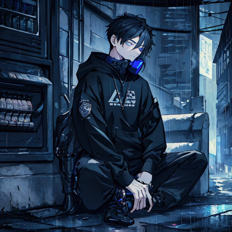 best quality,   masterpiece,  HD , Night, rain,  Out ,   small alleys ,   sells vending machine background ,  A boy, sad,  very very long hair in black,   blue-gray eyes ,  gasmask, necklace,  hoodie black ,   cargo jeans black ,  Sports shoes ,   sit on ground ,   drink energy drink ,   knife on floor bloody ,   pistol on ground ,  s parts floor , 