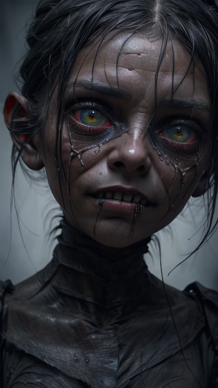 bjddoll, disgusting body horror women, bloody, in the basement, dark ambiance, furious, disheveled, angry, crazy, smooth, absurde, dress, hyperrealism, look at windows, ultra realistic, ultra detailed, photography, stunning environment, photo, <lora:Bjd Dolls v1:1> <lora:bodhor:1>