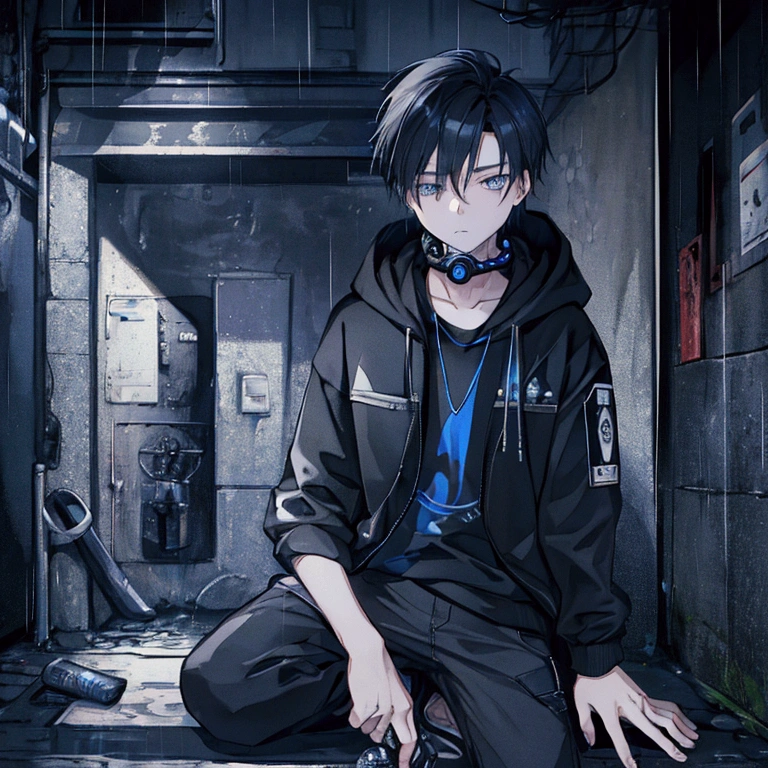 best quality,   masterpiece,  HD , Night, rain,  Out ,   small alleys ,   sells vending machine background ,  A boy, sad,  very very long hair in black,   blue-gray eyes ,  gasmask, necklace,  hoodie black ,   cargo jeans black ,  Sports shoes ,   sit on ground ,   drink energy drink ,   knife on floor bloody ,   pistol on ground ,  s parts floor , 