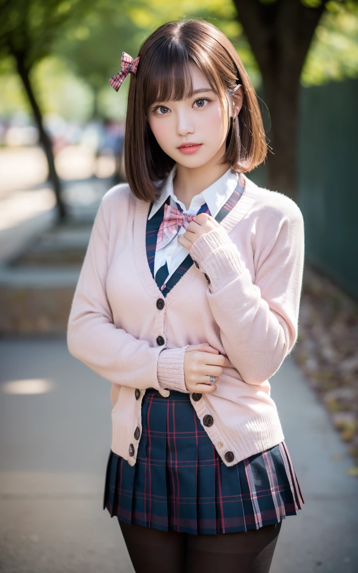 a closeup, masterpiece, top-quality, FULL ANATOMY、Raw foto, Photorealsitic、(Cute little face:1.8)、(Very cute smile:1.7)、(with round face:1.8)、(Cute face like an idol:1.7), A dark-haired、(Brightly colored school uniform style pink ranger:1.7), depth of fields, hight resolution, ultra-detailliert, finely detail, ighly detailed, extremely detailed eye and face, Realistic pupils, foco nítido, Cinematic lighting、18-year-old woman、(One lady、独奏:1.6)、 poneyTail、curlyhair、Very detailed 8k wallpaper、Show me your whole body、Looking at the camera、(Too short plaid pleated skirt、I can see my panties、Plump panties、panties in a light color:1.7)、(Pink Fishnet Stockings)、(Brown Long Boots:1.4)、is standing、Angle from below、(Thigh close-up:1.7)、(Nice figure、big breasts thin waist)、(Clothes with emphasized chest bulge、Colossal tits:1.4)、depth of fields、Bokeh in the background