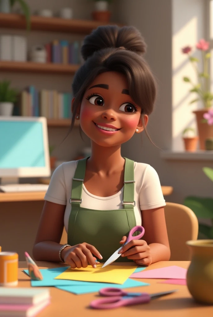 Describe in Pixar 3D style  ,   an inspiring scene of a woman of approximately  , with black skin tones, medium brown hair, , no bangs,  tied with a ponytail ,  who is smiling warmly while holding scissors and colored paper in her hands . she is a little chubby. She is located in a well-organized office,  with a computer desk in the background and shelves full of papers and flowers .  Capture the feeling of trust ,  professionalism and joy as she engages in her crafting tasks effectively.
====