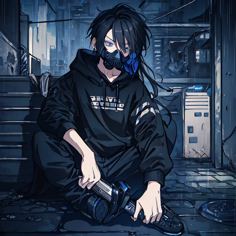 best quality,   masterpiece,  HD , Night, rain,  Out ,   small alleys ,   sells vending machine background ,  A boy, sad,  very very long hair in black,   blue-gray eyes ,  gasmask, necklace,  hoodie black ,   cargo jeans black ,  Sports shoes ,   sit on ground ,   drink energy drink ,   knife on floor bloody ,   pistol on ground ,  s parts floor , 