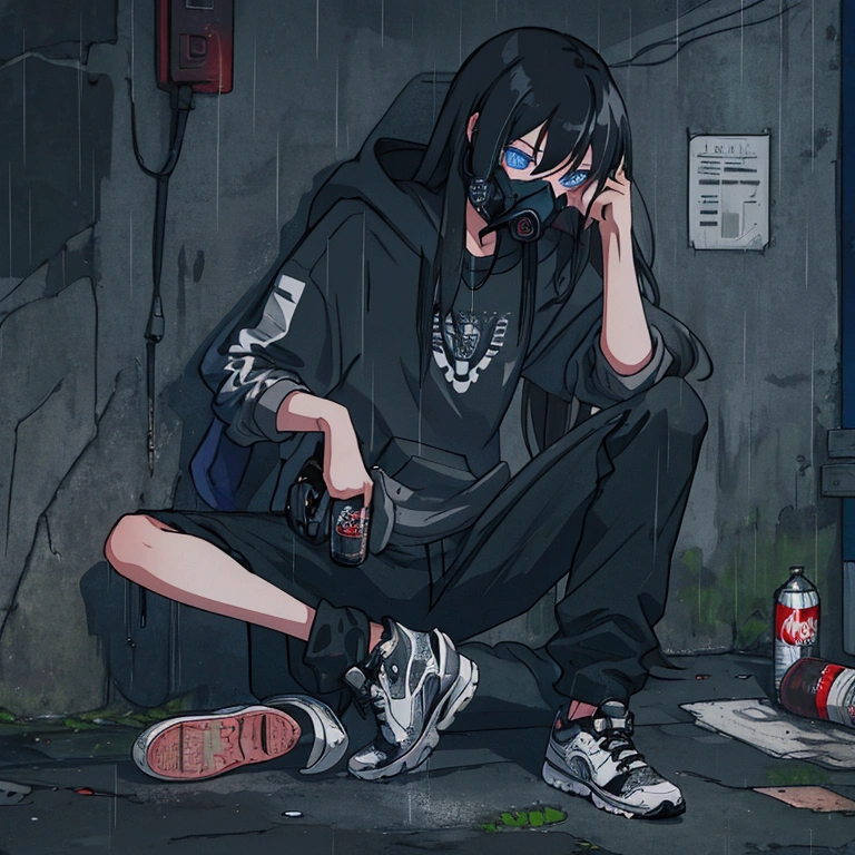 best quality,   masterpiece,  HD , Night, rain,  Out ,   small alleys ,   sells vending machine background ,  A boy, sad,  very very long hair in black,   blue-gray eyes ,  gasmask, necklace,  hoodie black ,   cargo jeans black ,  Sports shoes ,   sit on ground ,   drink energy drink ,   knife on floor bloody ,   pistol on ground ,  s parts floor , 